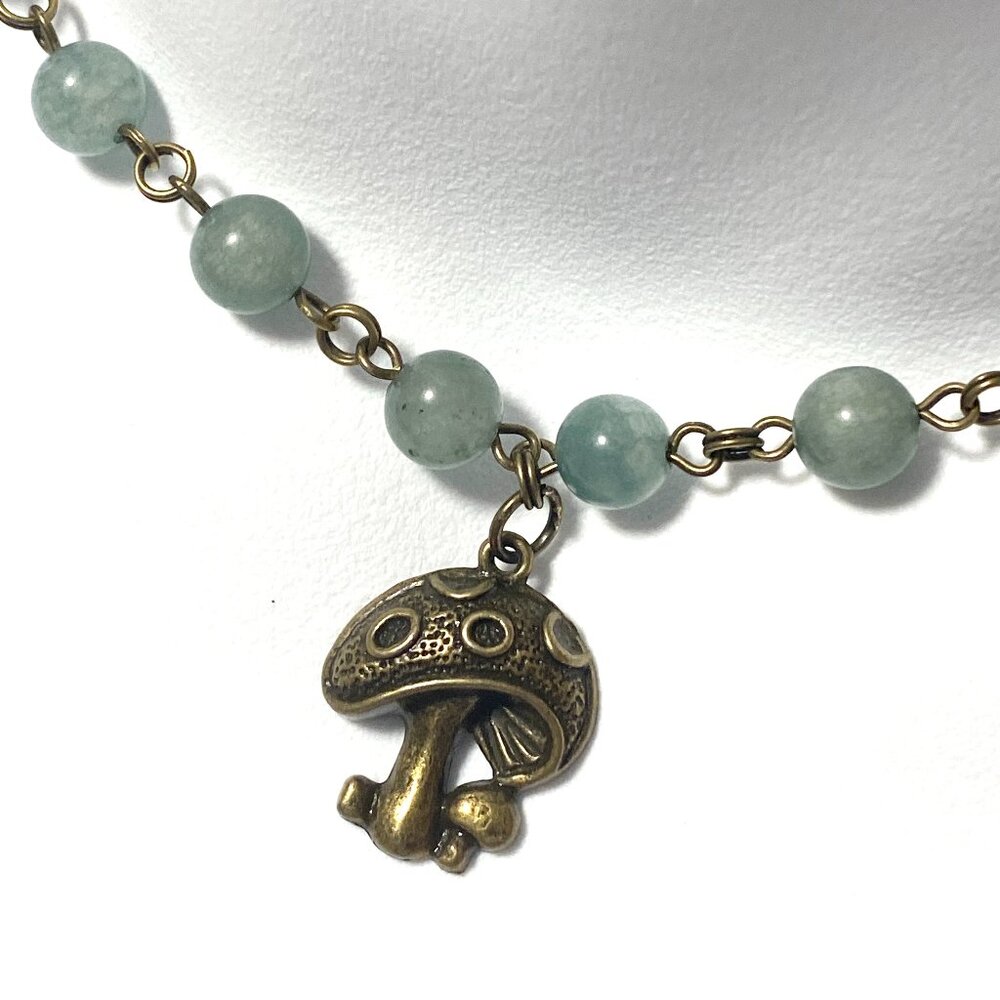 Natural Gray Green Aventurine Choker, Bronze Round Mushroom + Genuine Gemstone